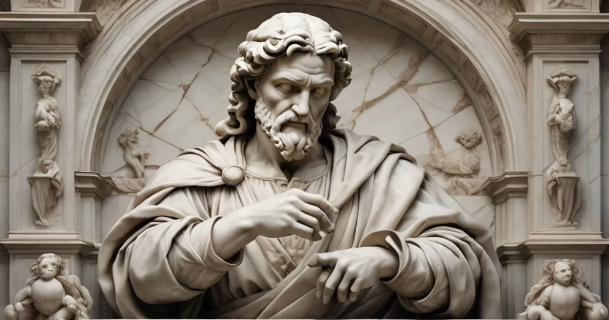 大理石から形を掘り出すミケランジェロ。