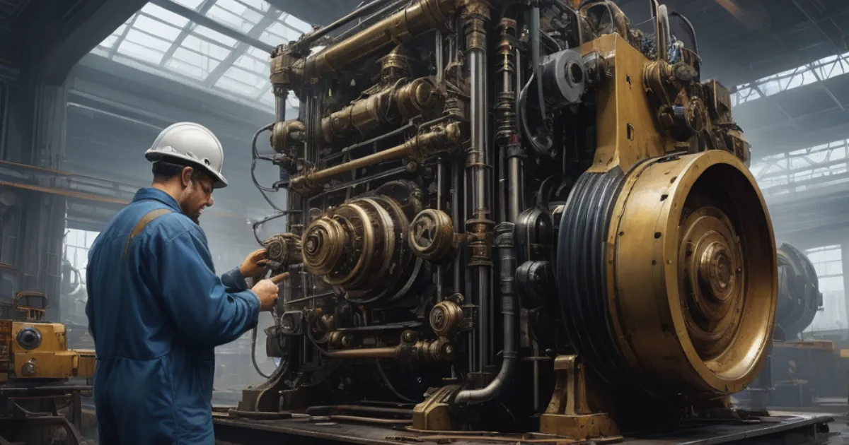 機械を解体して、その動作原理を見つめる技師。