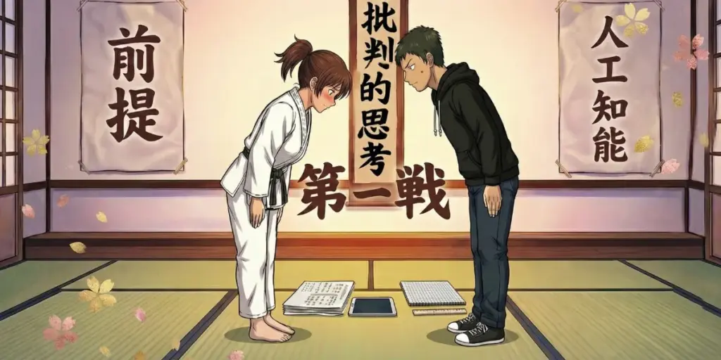 AIと人間が向き合い、前提条件を共有せずに思考停止が起きる構造を示すイラスト