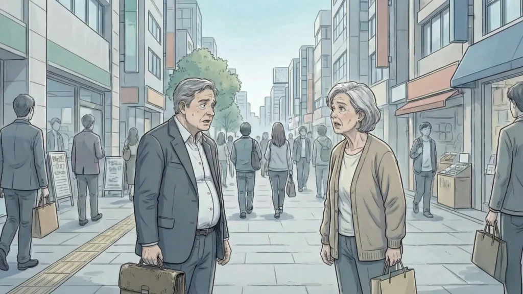 街中ですれ違う人々の流れの中で、立ち止まり向き合う高齢の男女が、戸惑いと不安をにじませながら互いを見つめている場面。