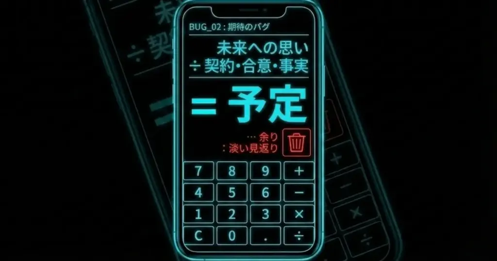 図解:期待のバグの計算式。未来への思い ÷ 契約・合意・事実 = 予定。余りは「淡い見返り」として捨てる。