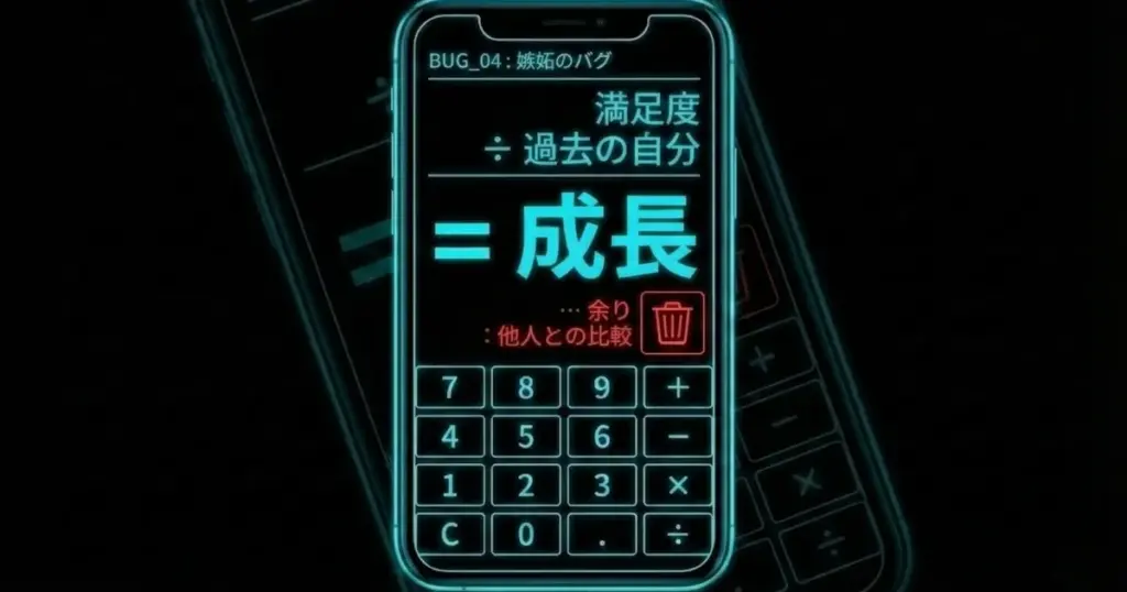 図解：嫉妬のバグの計算式。満足度 ÷ 過去の自分 ＝ 成長。余りは「他人との比較」として捨てる。