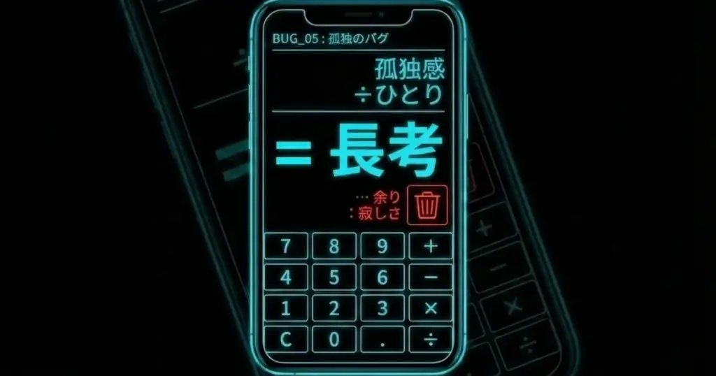 図解：孤独のバグの計算式。孤独感 ÷ ひとり ＝ 長考。余りは「寂しさ」として捨てる。