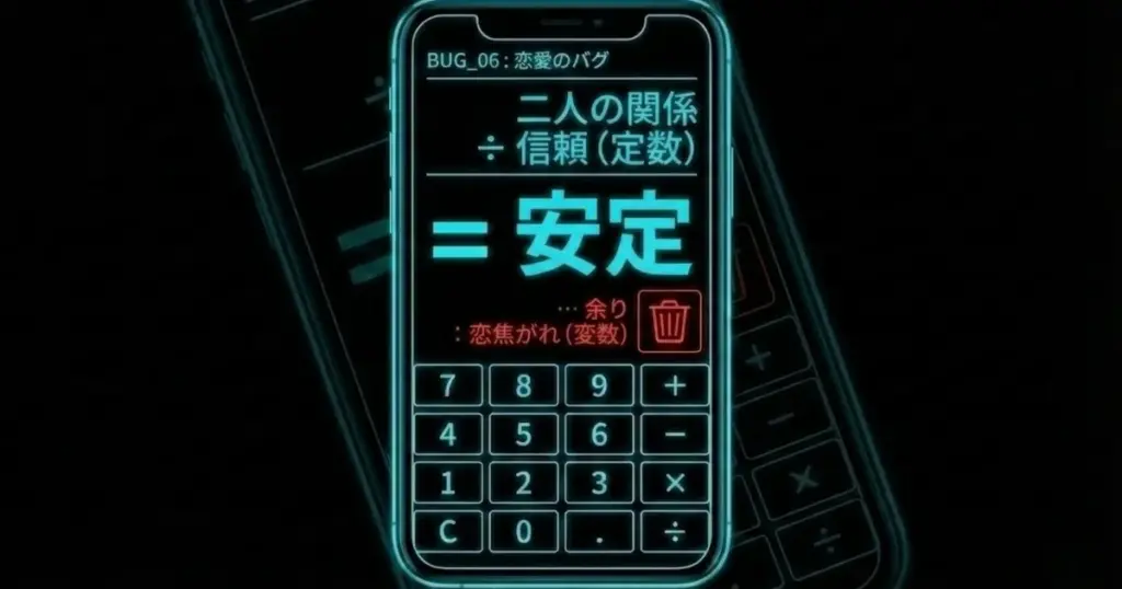 図解:恋愛のバグの計算式。二人の関係 ÷ 信頼(定数) = 安定。余りは「恋焦がれ(変数)」として捨てる。