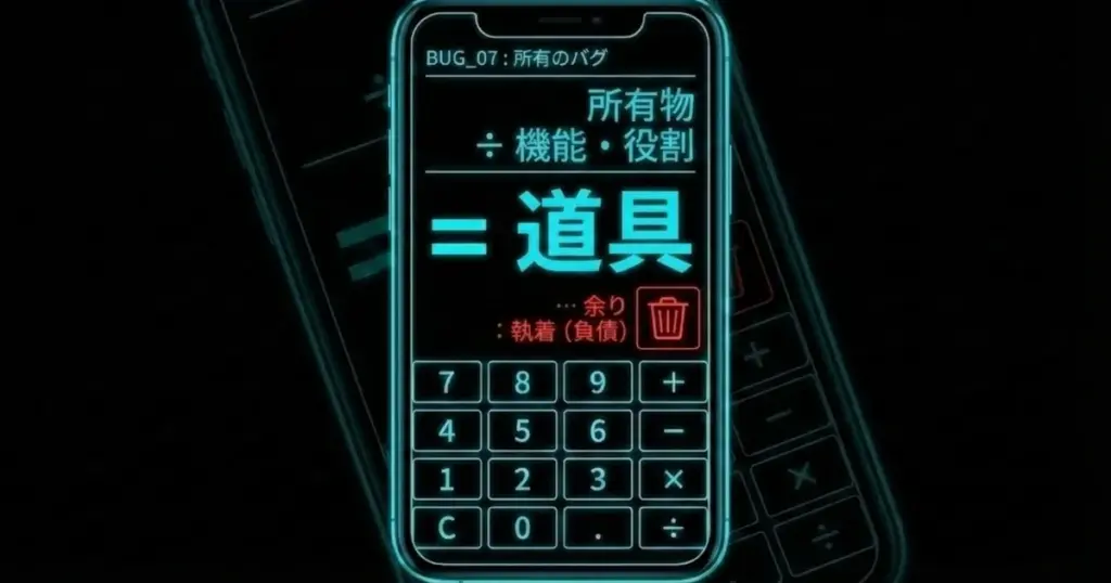 図解：所有のバグの計算式。所有物 ÷ 機能・役割 ＝ 道具。余りは「執着（負債）」として捨てる。