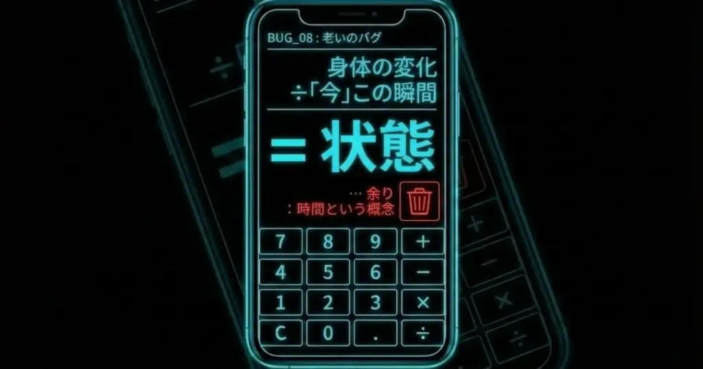 図解：老いのバグの計算式。身体の変化 ÷ 「今」この瞬間 ＝ 状態。余りは「時間という概念」として捨てる。