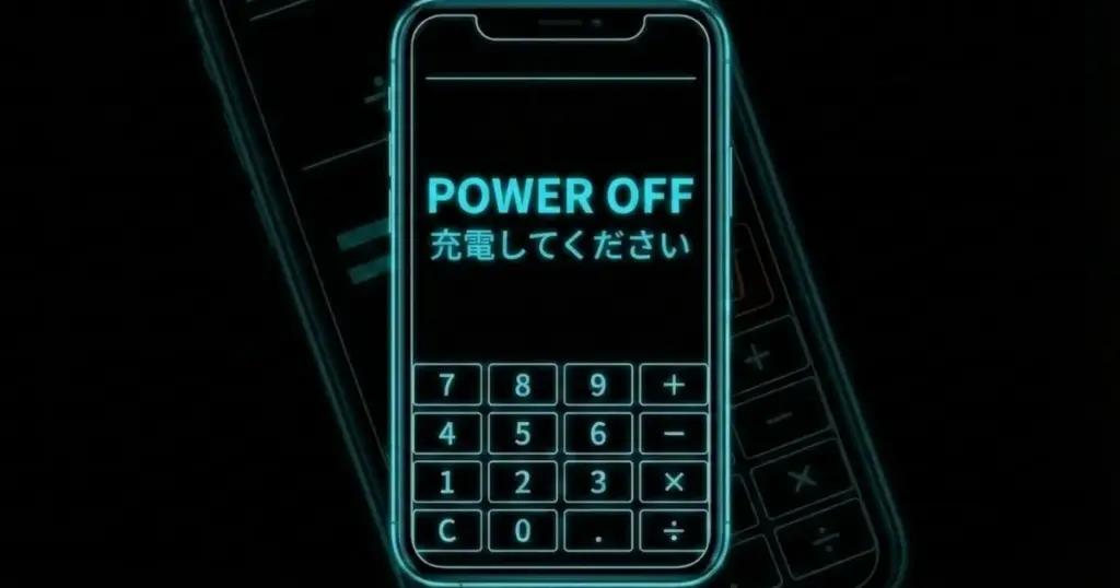 システムダウンした計算機の画面。「POWER OFF」「充電してください」の表示。