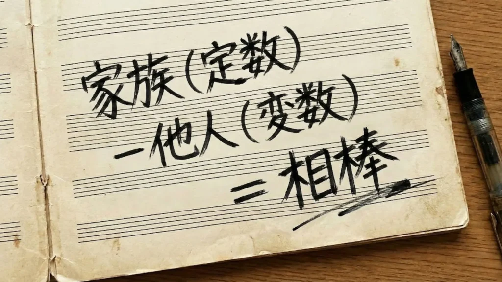五線譜が印刷されたノートに「家族(定数)−他人(変数)=相棒」と手書きされた文字の写真