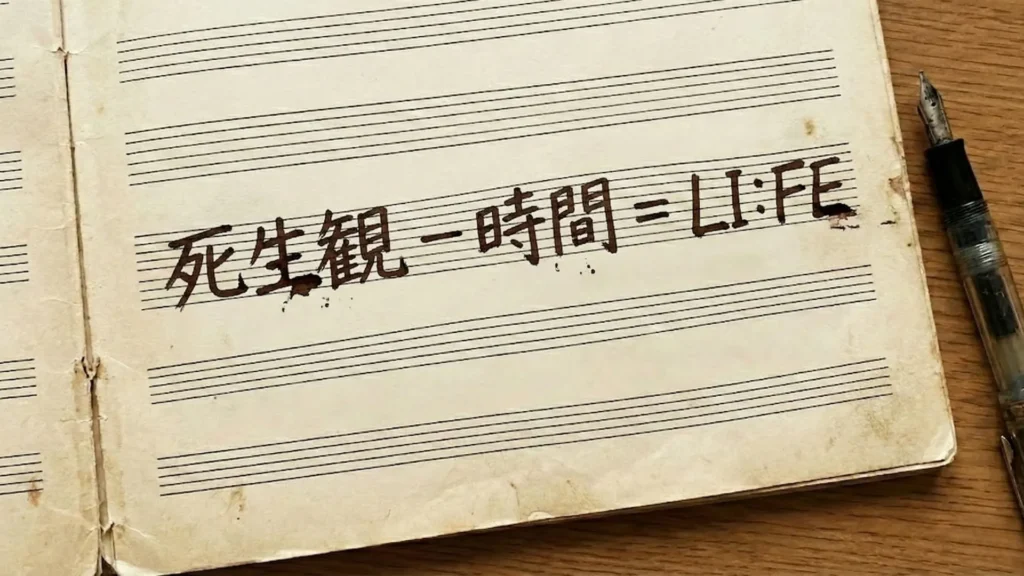 五線譜が印刷されたノートに「死生観 − 時間 = LI:FE」と手書きされた文字の写真