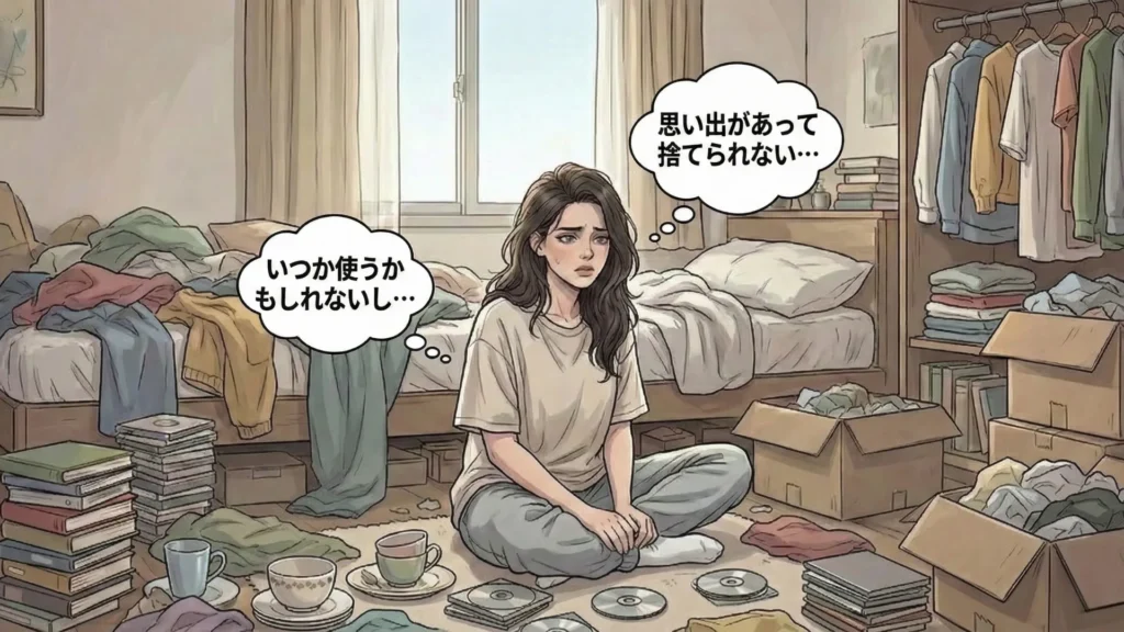 散らかった部屋で床に座り、服や本、箱に囲まれながら「いつか使うかもしれない」「思い出があって捨てられない」と考え込んでいる人物の様子。