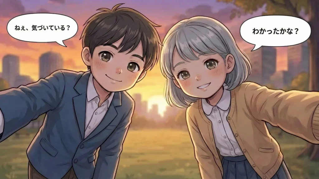 夕暮れの公園で、こちらを覗き込むように微笑む二人の人物。 「ねぇ、気づいている？」「わかったかな？」と語りかける吹き出しが添えられている。