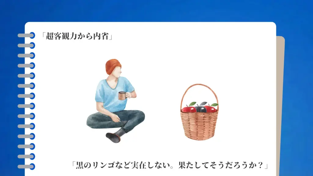 座って考え込む人物と、黒いリンゴが混ざった果物かごを対置し、「存在しないと信じているもの」を問い直す構図のイラスト。