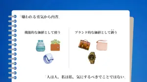 生活用品を「機能的な価値として使うもの」と「ブランド的な価値として纏うもの」に左右で分けて示した比較図。