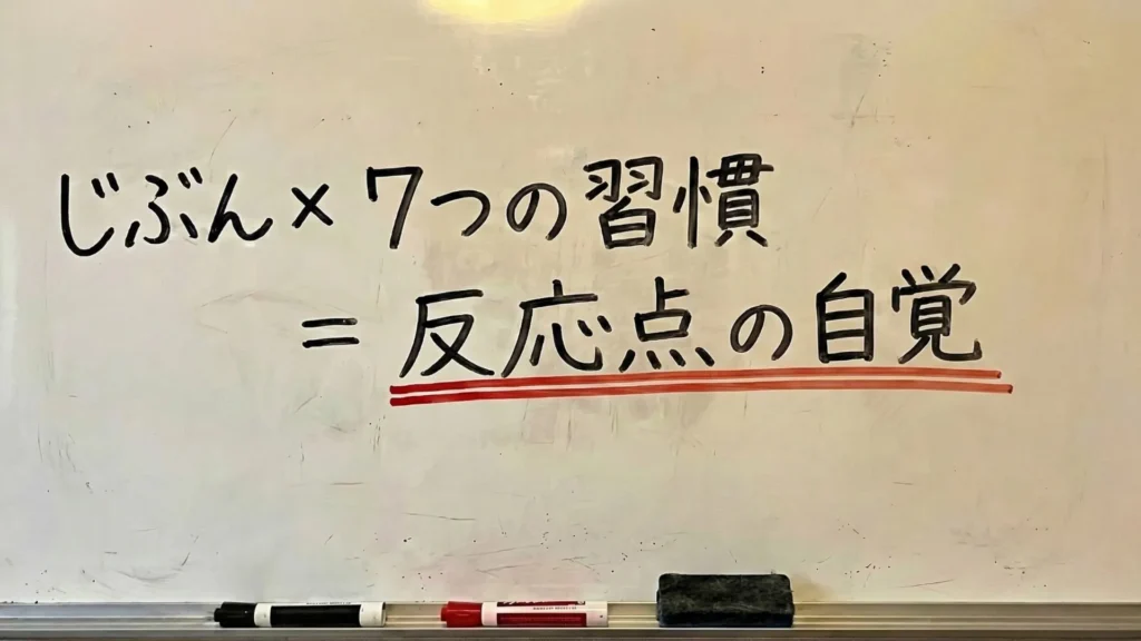 「じぶん×7つの習慣＝反応点の自覚」と書かれたホワイトボードの板書