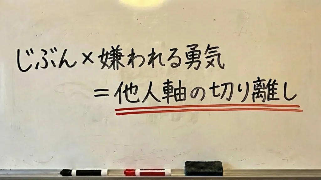 「じぶん×嫌われる勇気=他人軸の切り離し」と書かれたホワイトボードの板書