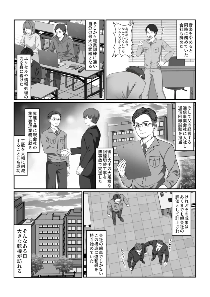 自己紹介漫画・第3話：通信業界で仕組みを設計し成果を出し続けながら、その評価が自分ではなく組織のものになっていく構造に気づくまで