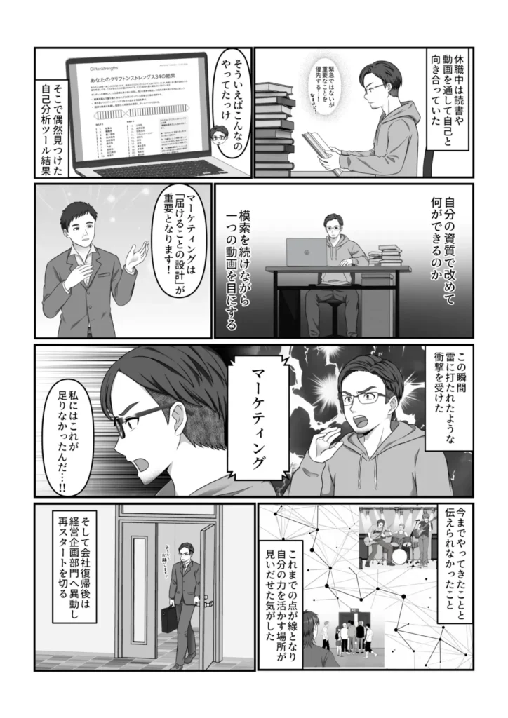 自己紹介漫画・第6話：休職中に「届けることの設計」という概念に出会い、過去の点が線になる瞬間を経験するまでの自己との対話