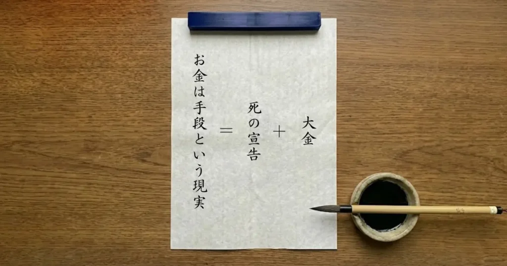 大金と死の宣告を足すとお金は手段という現実になることを示した書道スタイルの数式画像
