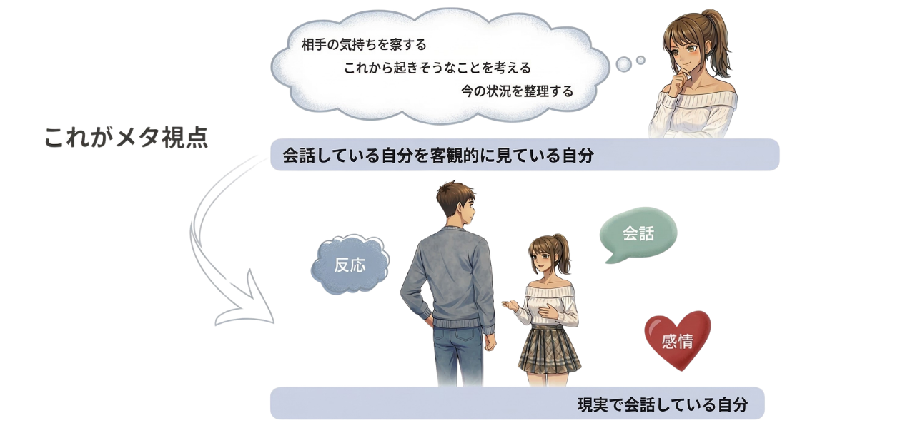 会話している自分を、もう一人の自分が上から客観的に見ているメタ視点の図解