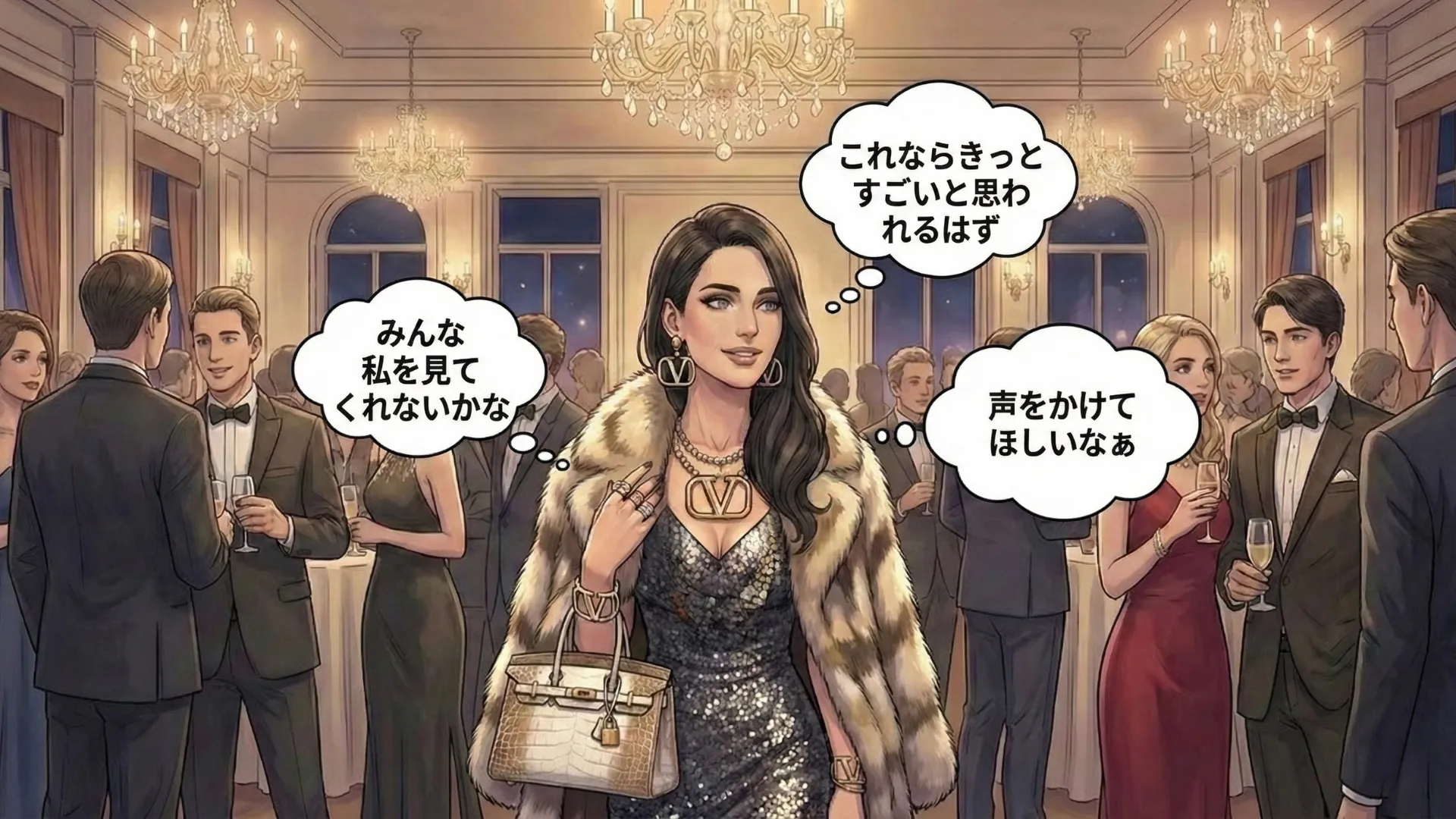 華やかなパーティー会場で、周囲の視線や評価を意識しながら立つ女性のイラスト