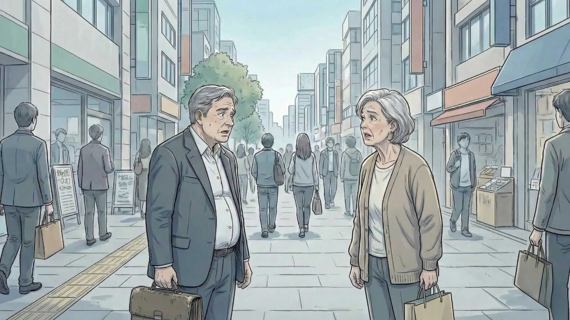 街中ですれ違う人々の流れの中で、立ち止まり向き合う高齢の男女のイラスト