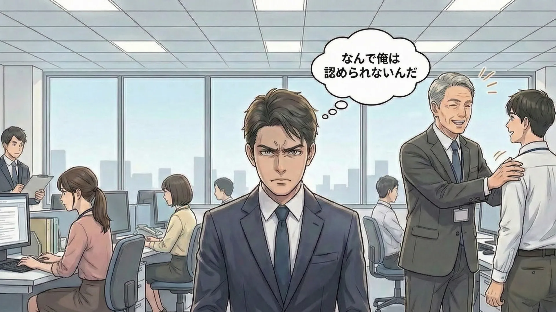 職場のオフィスで、評価されている同僚を横目に、不満と焦りを抱えながら正面を見つめる男性のイラスト