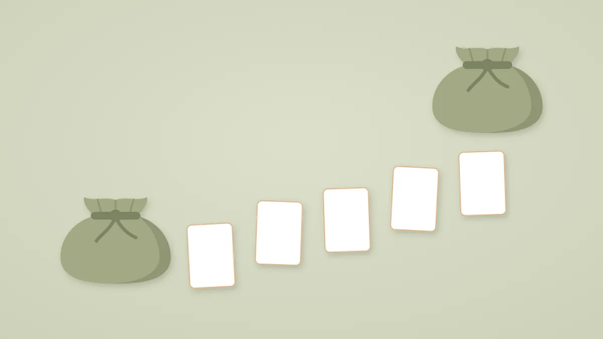 セージ色の布の上で、2つの麻の小袋のあいだを白いカード5枚が飛び石のようにつないでいる絵