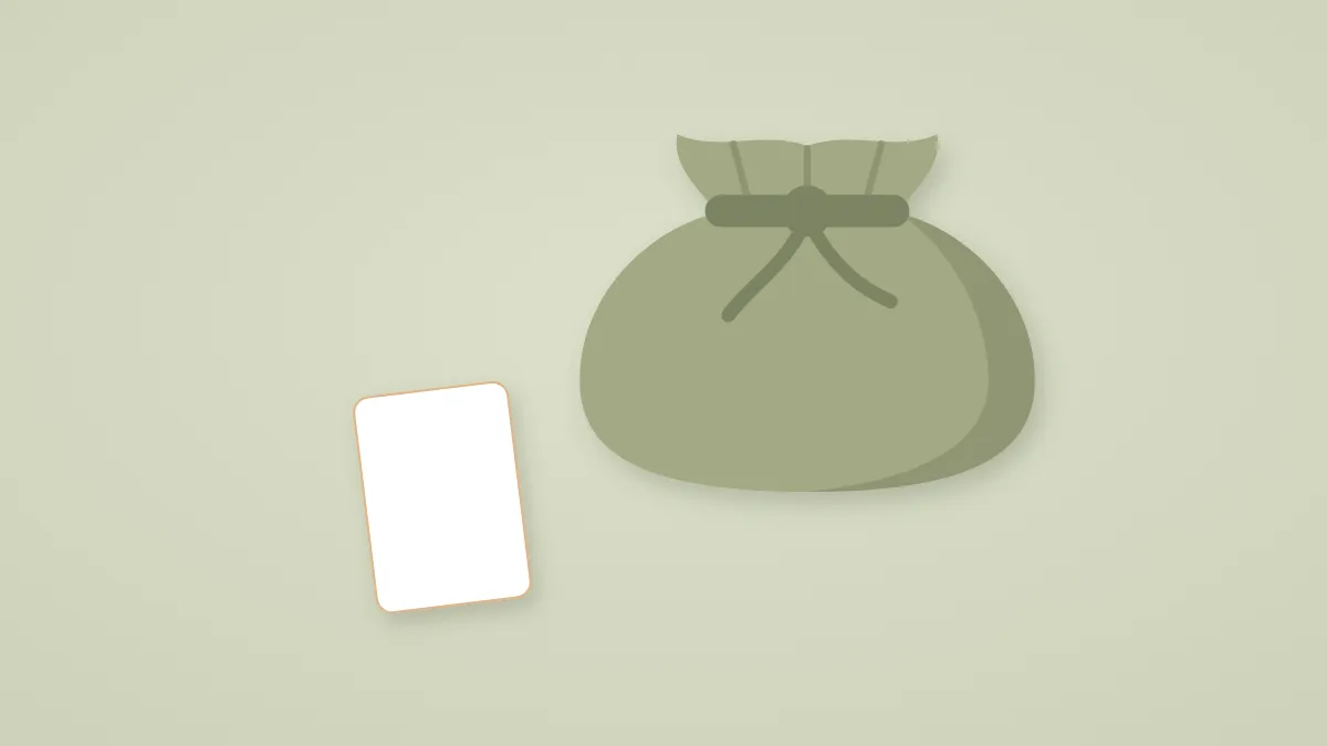 セージ色の布の上の小さな麻の袋と、その手前に1枚だけ置かれた白いカードの絵