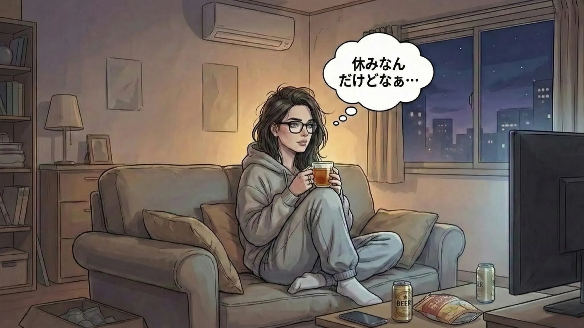 夜の部屋でソファに座り、飲み物を手に静かに過ごす女性のイラスト