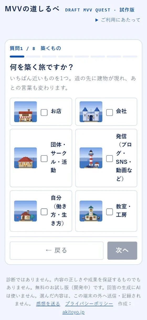 スマホで見た質問1の画面。6つの選択肢が2列に並んでいる。