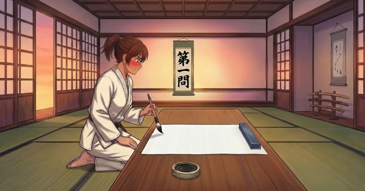 道場で筆をとる女の子