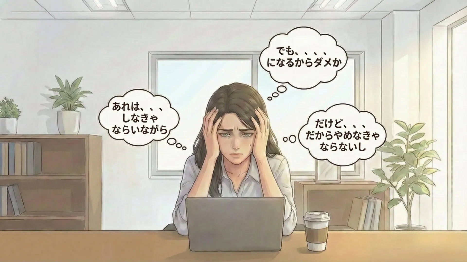 反芻する思考にとらわれ、同じ考えを繰り返しながらパソコンの前で立ち止まっている人物のイラスト