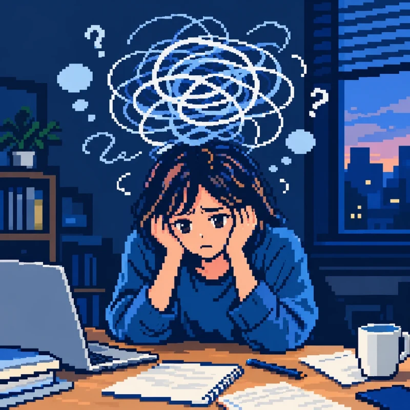 頭の中が絡まって悩む人のドット絵